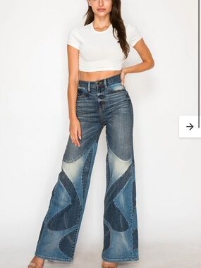 Aphrodite Two-Tone Patchwork Wide Leg Jeans - Blue